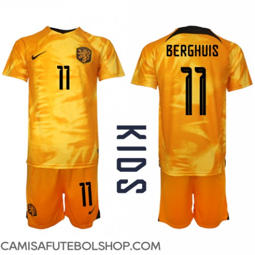 Camisa de time de futebol Holanda Steven Berghuis #11 Replicas 1º Equipamento Infantil Mundo 2022 Manga Curta (+ Calças curtas)